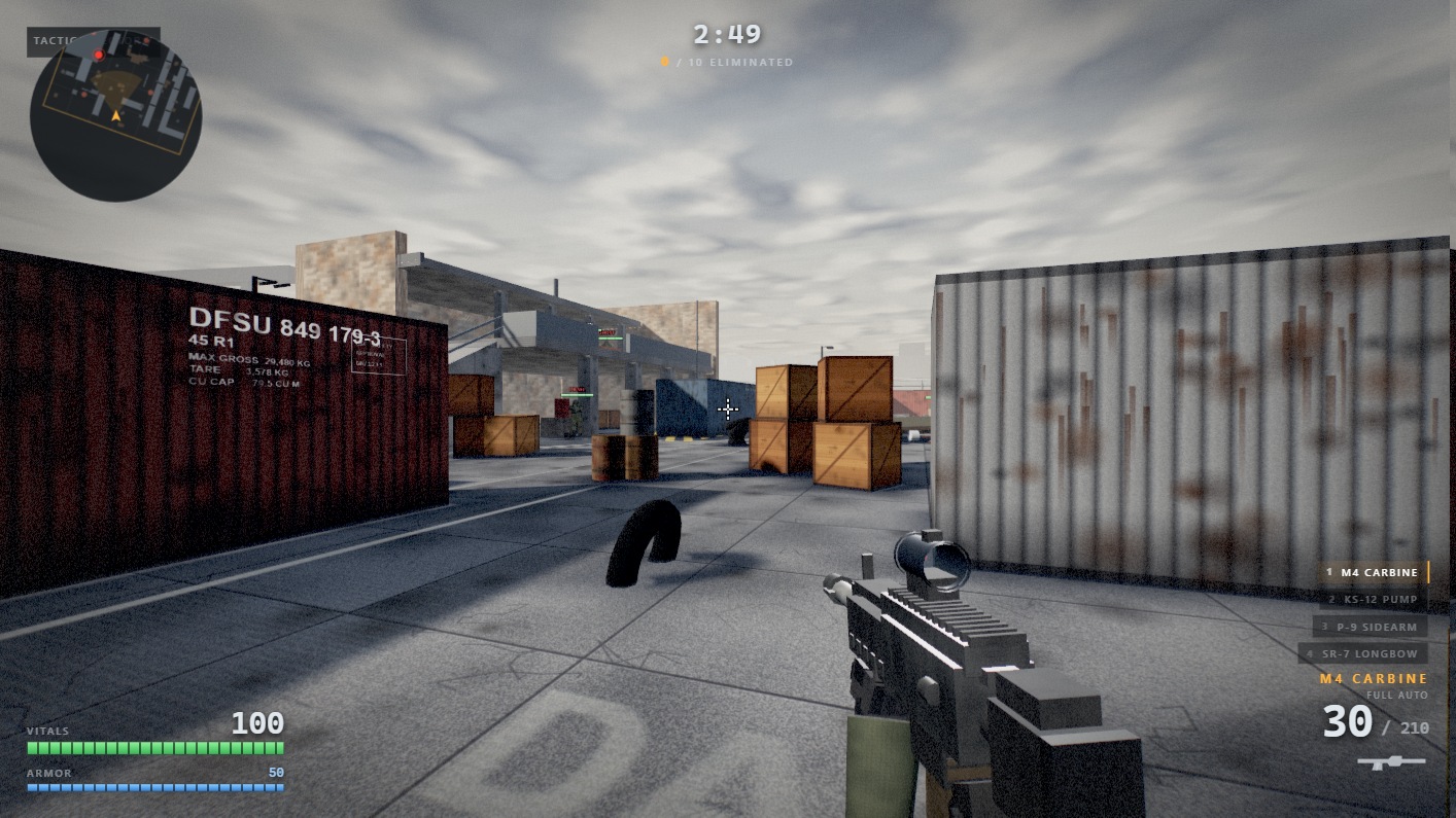 HEXOPS gameplay — first-person view down a container yard